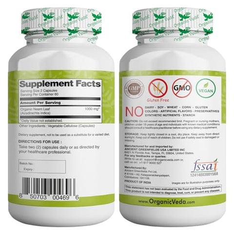 Neem Capsules 1000mg – Suplemento Herbal Orgânico Feito com Pó de Folha de Neem Ayurvédico da Índia – Suporta Pele Radiante, Imunidade, Desintoxicação e Resposta Inflamatória Saudável - Organic Veda