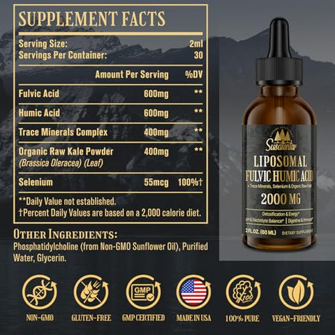 Susatentar - Trace Minerals Electrolytes Drops 2000 MG | Suplemento de Ácido Fulvico Humico Lipossomal Líquido | 72 Minerais Traços | Hidratação | Desintoxicação | Energia | Equilíbrio de pH | Digestão |