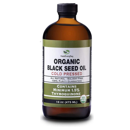 Óleo de Semente Preta Orgânico HalalEveryDay – Certificado pelo USDA, Extraído a Frio em Frasco de Vidro 473ml – Mais de 1,5%% de Timoquinona, Cominho Preto Turco Nigella Sativa não-OGM, 100%% Puro Óleo de Semente Preta
