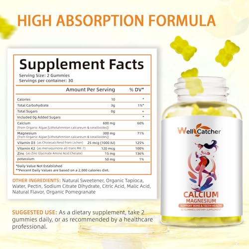 Wellcatcher - Gomas de Cálcio Magnésio com Vitamina D3 K2 Sem Açúcar 600mg Suplemento de Cálcio Magnésio de Algas para Fortalecimento Ósseo e Suporte Imunológico para Crianças Mulheres Homens Veganos Mastigáveis de Limão