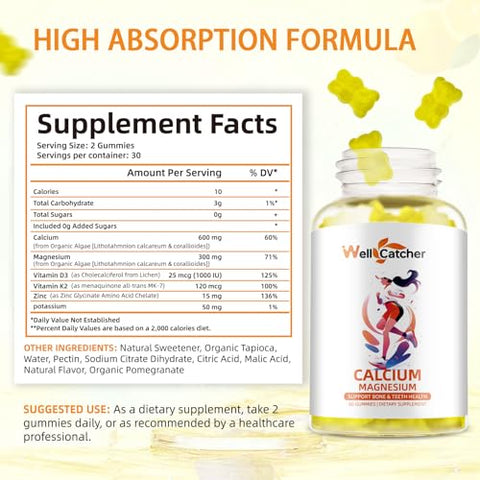 Wellcatcher - Gomas de Cálcio Magnésio com Vitamina D3 K2 Sem Açúcar 600mg Suplemento de Cálcio Magnésio de Algas para Fortalecimento Ósseo e Suporte Imunológico para Crianças Mulheres Homens Veganos Mastigáveis de Limão