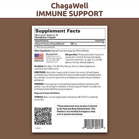 DR WELLME NUTRITION - ChagaWell™ 500mg Cápsulas de Cogumelo Chaga – Foco, Clareza Mental, Reforço Imunológico para Homens e Mulheres, Não-OGM