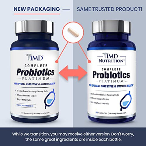 1MD Nutrition - 1MD Complete Probiotics Platinum | Suporte à Saúde Digestiva | com Prebióticos Nutritivos, 51 Bilhões de UFC Vivos, 11 Cepas, Sem Laticínios | 30 Cápsulas Vegetais (2-Pack)