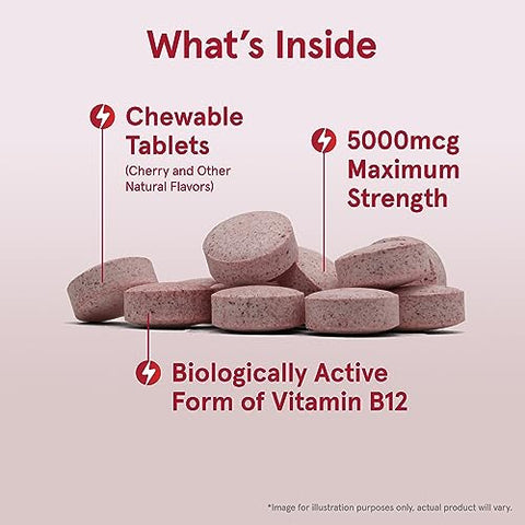Methyl B-12 5000 mcg – Suplemento para Energia Celular e Saúde Cerebral – 60 Tabletes Mastigáveis Sabor Cereja – 60 Dias - Jarrow Formulas