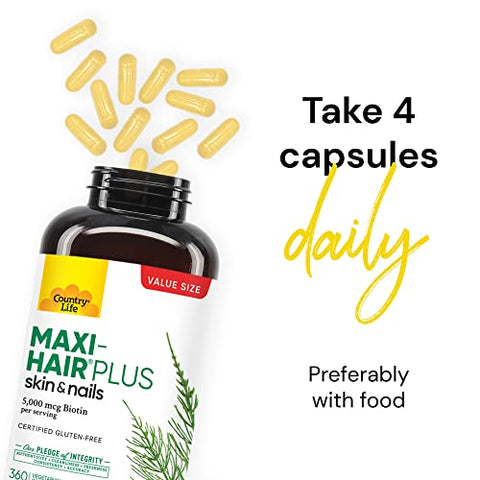 Maxi-Hair Plus 5000 mcg Biotina, 360 Cápsulas, Certificado Sem Glúten, Certificado Vegetariano - Country Life