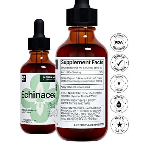 HERBANA MANUFACTURING - Echinacea Extrato Líquido 60ml – Raiz, Folha, Flor, Semente Orgânicos – Suplemento Herbal Natural – Suporte ao Corpo e Sistema Imunológico – Tintura de Alta Potência – 45 Dias de Fornecimento