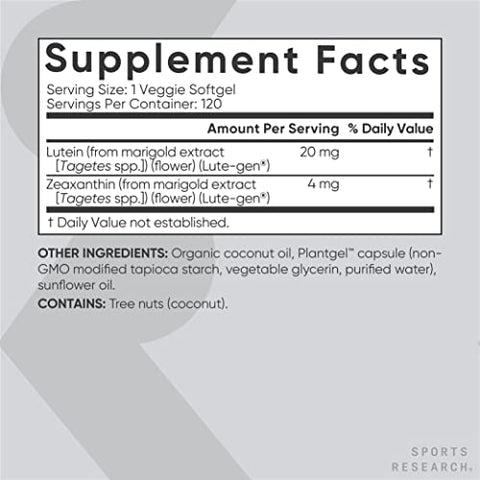 Cápsulas de Luteína e Zeaxantina – Suporte para a Saúde Ocular com Lute-Gen® e Óleo de Coco Orgânico – Amigo dos Veganos - Sports Research