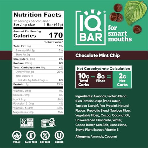 Generic - IQ BAR – Barras de Proteína Vegetal para o Cérebro e o Corpo – Chocolate Chip de Hortelã – 12 Unidades, Baixo Carboidrato, Alta Fibra, Sem Glúten, Snacks Veganos – Barras Energéticas com Baixo Teor de Açúcar para Keto