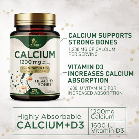 Nature's Nutrition - Calcium 1200 mg com Vitamina D3, Suplemento de Cálcio, Fortalece Ossos e Dentes