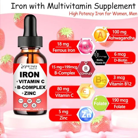 AMENQ hHEALTH - Suplemento Líquido de Ferro com Vitamina C, A, Complexo B – Gotas Veganas de Ferro de Alta Potência