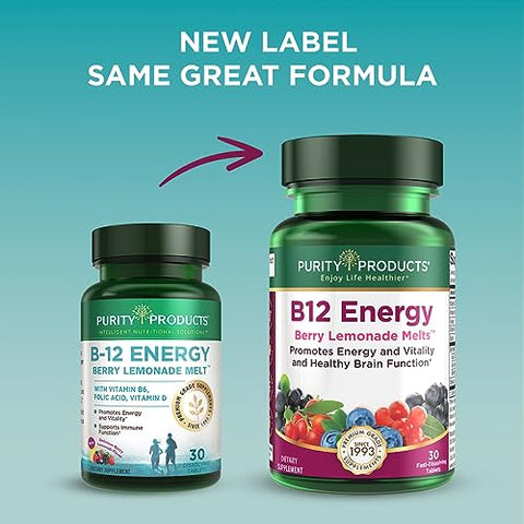Melt de Limonada de Frutas Vermelhas com B-12 Energy – Vitamina B12 Methylcobalamin, B6, D3, Ácido Fólico e Biotina – Alta Absorção – 30 Tabletes Derretíveis - Purity Products