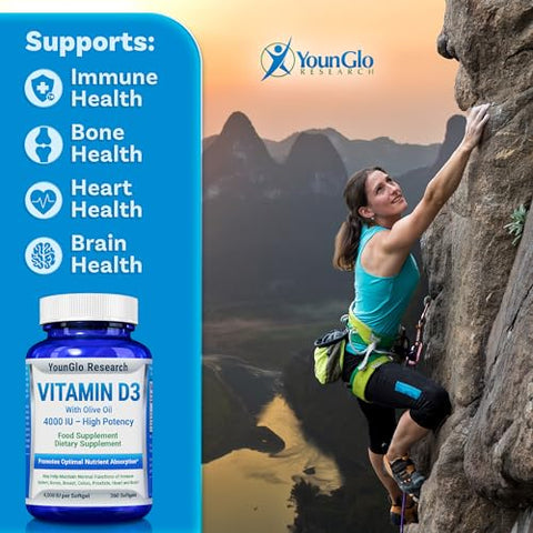 YounGlo Research - Vitamina D3 4000 UI – Suplemento para Fortalecer os Ossos – Marca em Destaque
