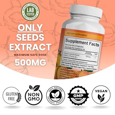 Nourishing Nutrients - Extrato de Sementes de Damasco Orgânicas – Núcleo Puro 500mg – Antioxidante, Apoio à Saúde das Articulações e Intestinal