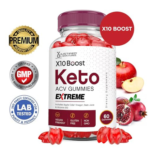 Justified Laboratories - X10 Boost Keto Gummies Extreme 2000MG – Gomas de Vinagre de Maçã com Romã e Beterraba em Pó B12 Vegan Non GMO 60 Gummys