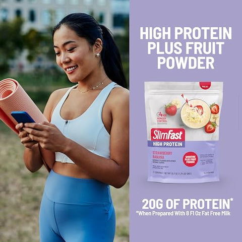 Smoothie Mix Plus Fruit Powder – Alto teor de proteína, substituto de refeição em pó, rico em fibras e vitamina C – 21 porções, 585g, Morango Banana - SlimFast