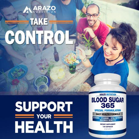 Blood Sugar 365 – Níveis de Energia Saudáveis – 120 Cápsulas Naturais – Fornecimento de 60 Dias - Arazo Nutrition