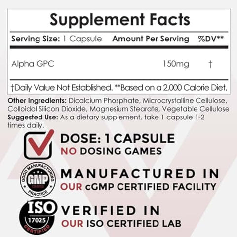 Alpha GPC Cápsulas | 150mg | 60 Unidades | Suplemento de Colina | Saúde Cerebral | Função Cerebral Saudável | Melhora Cognição, Memória e Foco - Nootropics Depot