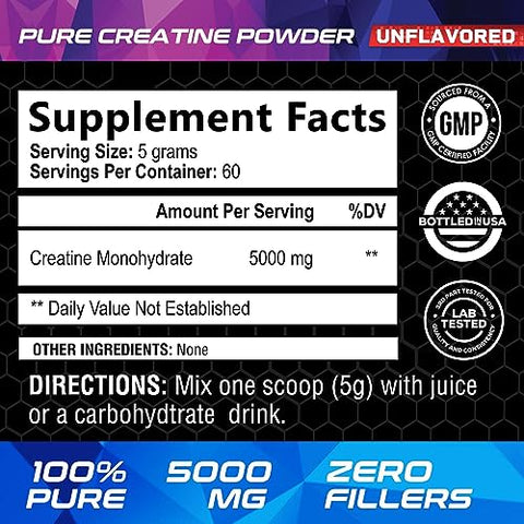 Nature's Nutrition - Pó de Creatina Monohidratada Micronizada – Pó de Creatina sem Sabor 5000mg por Porção (5g) Suplemento de Aminoácidos para Apoio à Construção Muscular