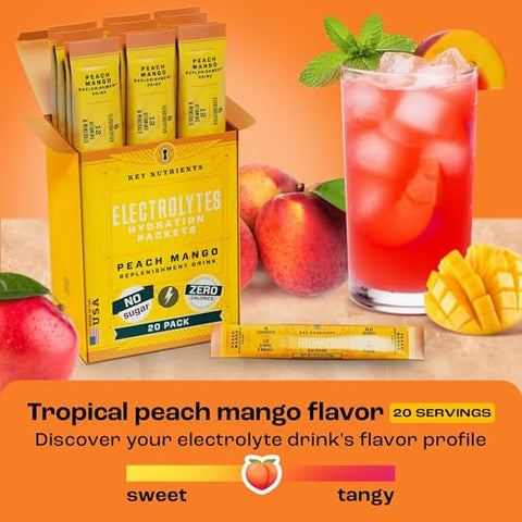 Pacotes de Pó de Eletrólitos – Sabor Pêssego Manga Tropical 20 Pacotes de Hidratação – Pó de Hidratação para Viagem – Sem Açúcar, Sem Calorias, Sem Glúten – Fabricado nos EUA - KEY NUTRIENTS