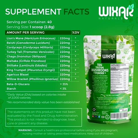 WIXAR NATURALS - Wixar Pó de Cogumelo – Mistura de Extrato de Dez Tesouros de Cogumelos para Café