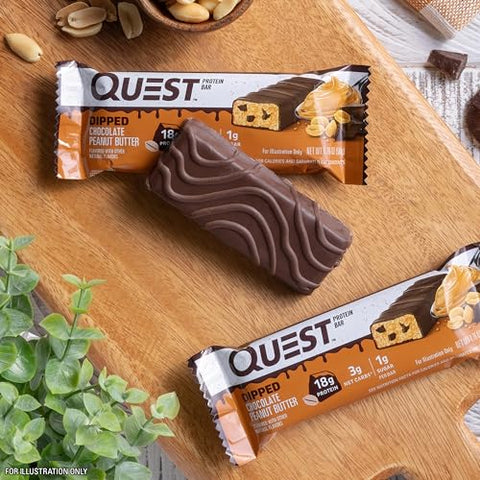 Barras de Proteína Dipped Chocolate Peanut Butter, 18g Proteína, 1g Açúcar, 3g Carboidratos Líquidos, Sem Glúten, 12 Unidades - Quest Nutrition