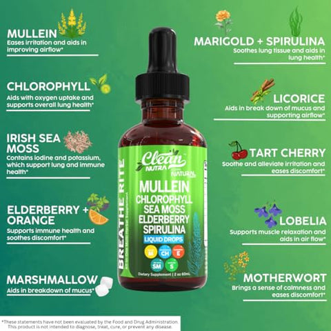 Clean Nutraceuticals - Gotas Líquidas de Mullein Orgânico com Clorofila para Desintoxicação Pulmonar + Irish Sea Moss, Spirulina, Alcaçuz, Cereja Azeda, Lobélia, Cardo-Mariano e Sabugueiro para a Saúde de Homens e Mulheres