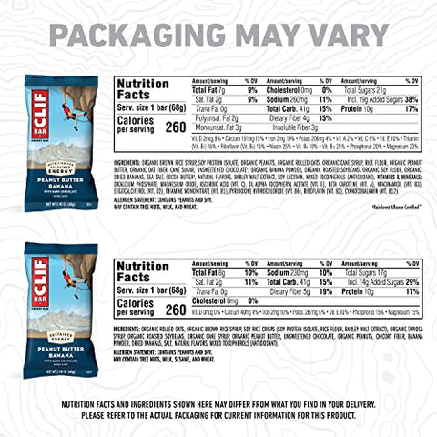 Clif Bar - Barras Energéticas CLIF – Manteiga de Amendoim Banana com Chocolate Amargo – Feitas com Aveia Orgânica – Alimento à Base de Plantas – Vegetariano – Kosher (Barras de Proteína de 2,4 Ounces, 12 Unidades) Embalagem