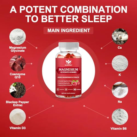 WOGORGT - Gummies de Magnésio Glicinato – 400mg Gummies de Magnésio Glicinato com Vitamina D, B6 e CoQ10, Suplemento de Magnésio para Relaxamento e Cognição, Sem Açúcar – 60 Gummies de Framboesa