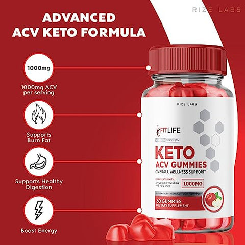 rize labs - FitLife Keto Gummies – Gomitas Fit Life Keto ACV Avançado para Perda de Peso com Vinagre de Maçã Suplemento Extra Forte para Gordura Abdominal (60 Gummies)