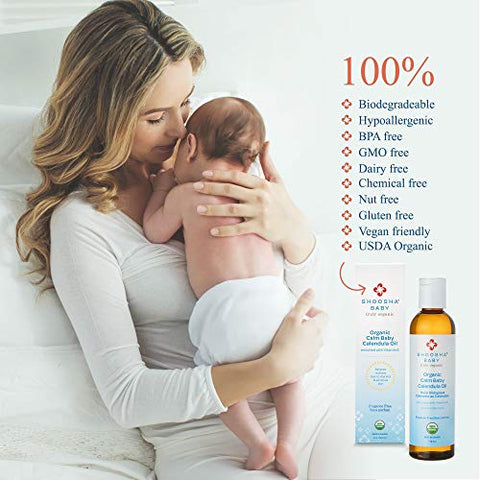 Óleo de Calêndula Orgânico Shoosha Sem Fragrância, para Bebês, Óleo de Calêndula Real, Óleo de Massagem Hidratante de Calêndula, Hipoalergênico, Sem Glúten, 100% Biodegradável