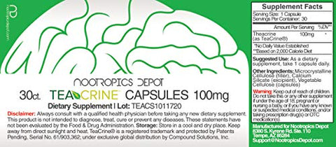 TeaCrine Cápsulas | 100mg | 30 Unidades | Suplemento de Teacrina | Alternativa ao Café | Aumenta o Humor, Energia e Metabolismo Saudável | Pré-Treino - Nootropics Depot