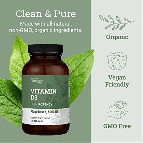 Earth Harmony Naturals - Vitamina D3 Vegana 5000 UI – Pureza e Potência para a Saúde Imunológica
