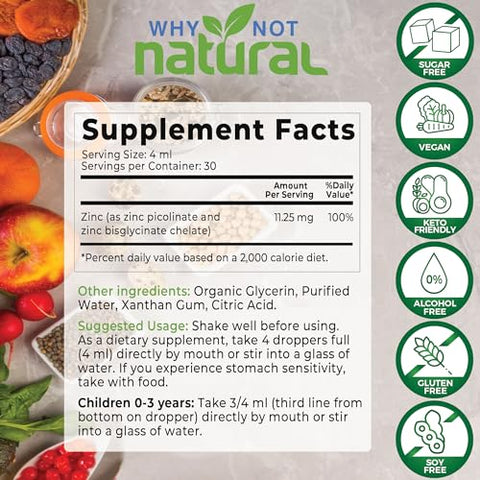 Why Not Natural - Suplemento Líquido de Zinco Orgânico em Gotas com Picolinato e Bisglicinato de Zinco 118 ml, Certificado Orgânico pelo USDA, Sem Glúten, Vegano e Livre de Transgênicos (Sem Sabor)