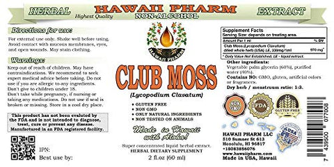 Extrato Líquido Sem Álcool de Musgo do Clube, Musgo do Clube (Lycopodium clavatum) Erva Inteira Seca Glicerito Suplemento Herbal Natural 2×2 oz (60ml) - Hawaii Pharm