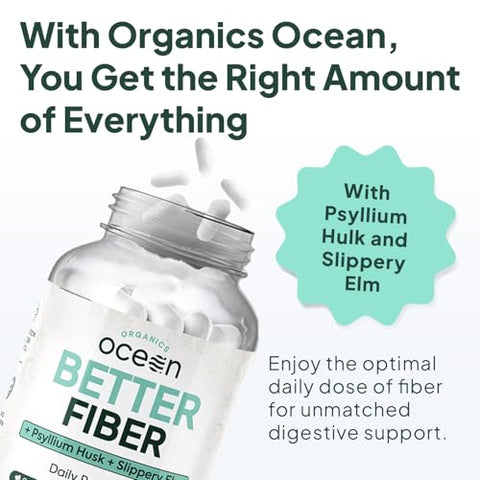 Organics Ocean - Fibra Melhor – Suplemento Diário de Fibra – Amolece Fezes para Movimentos Intestinais Sem Esforço – com Psyllium Hulk e Slippery Elm – 90 Cápsulas
