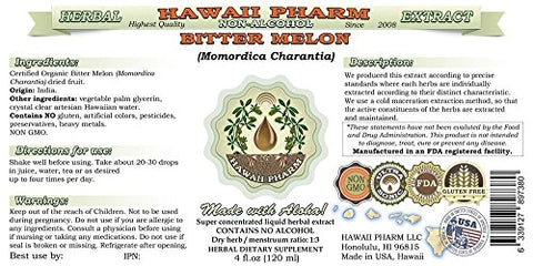 Extrato Líquido de Melão Amargo sem Álcool, Melão Amargo Orgânico (Momordica Charantia) Fruta Seca Glicerito Hawaii Pharm Suplemento Herbal Natural 2×2 ml