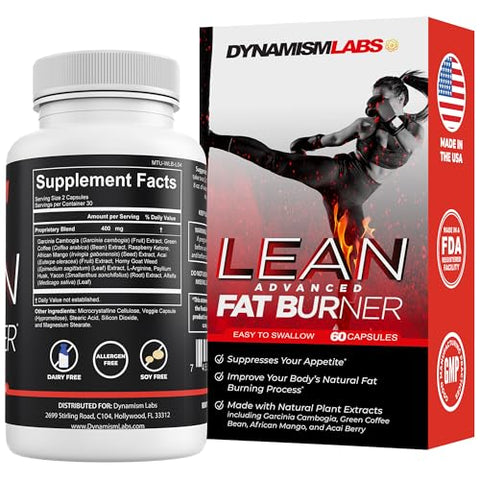 MANTFUP - Dynamism Labs Lean Advanced Fat Burner | Extrato de Garcinia Cambogia, Extrato de Chá Verde, Cetona de Framboesa | Fabricado nos EUA (60 Comprimidos)