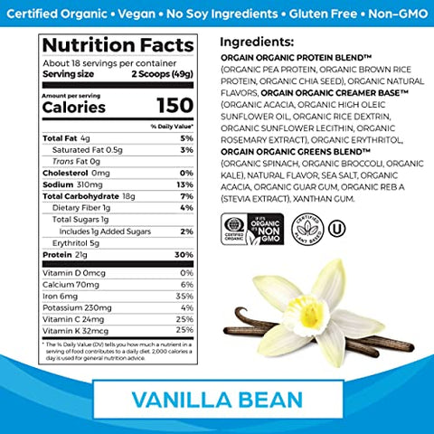 Proteína em Pó Vegana Orgânica, Sabor Baunilha – 21g Proteína à Base de Plantas, 6g Fibra Prebiótica para Saúde Intestinal, Sem Glúten, Sem Ingredientes Lácteos, Sem Adição de Açúcar - Orgain