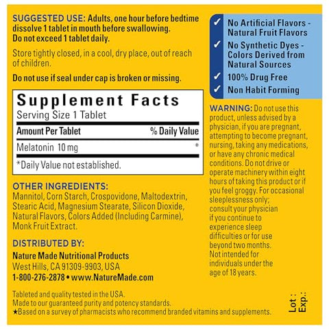 Melatonina 10mg de Dissolução Rápida, Força Máxima, Auxílio para Dormir 100% Livre de Medicamentos para Adultos, 45 Comprimidos, Suprimento de 45 Dias - Nature Made