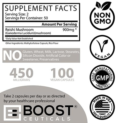 BoostCeuticals - Cápsulas de Reishi Mushroom – Vegano Sem OGM Sem Estearatos Sem Glúten Suplemento de Ganoderma Lucidum – Fornecimento de 100 Dias