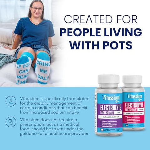 FastChews – Tabletes de Eletrólitos Mastigáveis para o Gerenciamento de POTS e Dietas com Alto Teor de Sódio, Tabletes de Sódio de Ação Rápida, Sabor Uva, 60 Unidades - Vitassium