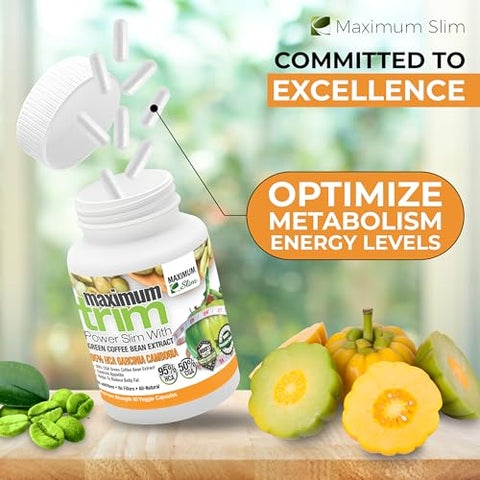 Fórmula Mais Eficaz MaximumTrim Garcinia CAMBOGIA com Extrato de Café Verde – Perda de Peso Natural, Supressor de Apetite – 100% Eficiente – 60 cápsulas - Maximum Slim