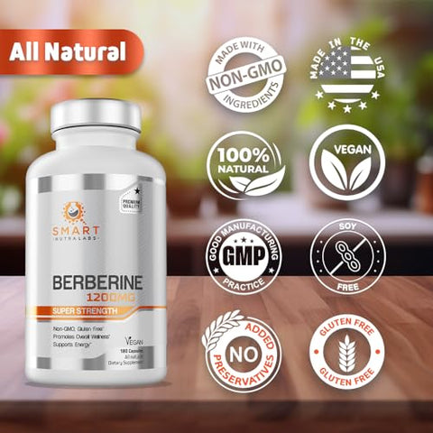 Premium Berberine HCL 1200mg – 180 Cápsulas Veganas, Suplemento de Berberina Pura 100%% – Sem OGM, Sem Glúten - Smart Nutra Labs