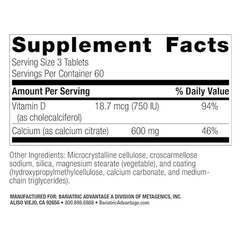 Cálcio Citrato 600mg com Vitamina D3 – 180 Comprimidos - Bariatric Advantage
