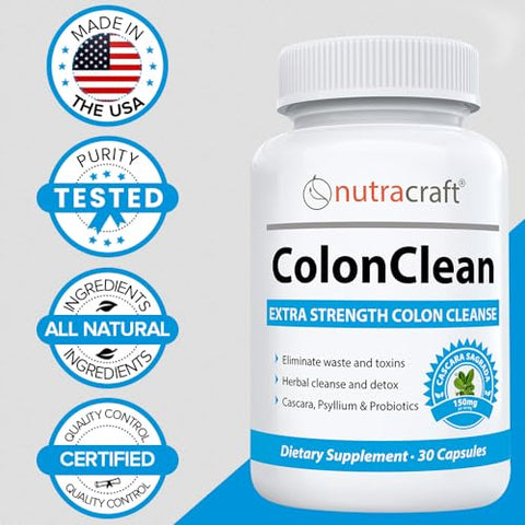 Nutracraft - ColonClean #1 Desintoxicação e Alívio da Prisão de Ventre | Sene, Cáscara Sagrada, Psyllium, MCT, Aloe e Probióticos | 30 Cápsulas
