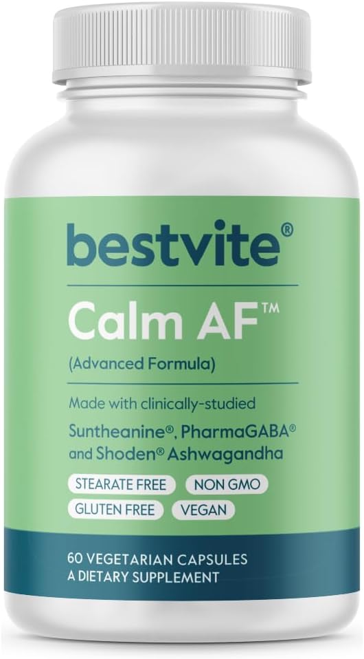 BESTVITE - Calm AF (Fórmula Avançada) (60 Cápsulas Vegetais) – Estudo Clínico de Shoden Ashwagandha, Suntheanine L Theanine, PharmaGABA – Sem Estearatos – Vegano – Não Transgênico – Sem Glúten
