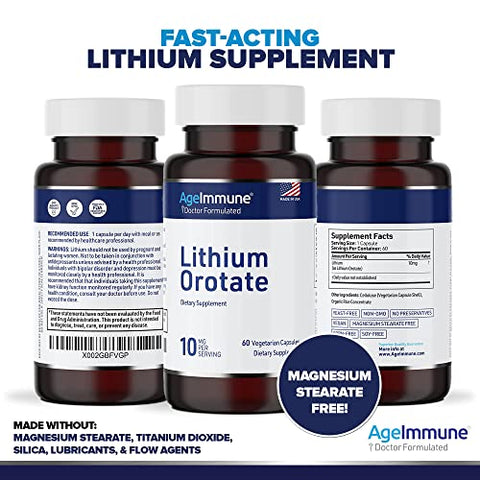 AgeImmune - Suplemento Lithium Orotate 10mg, 60 Cápsulas Vegetarianas. Suporte para Memória e Bem-Estar Emocional. Livre de Estearato de Magnésio