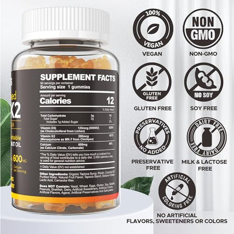 NEVISS - Suplemento Vitamínico D3 K2 de Alta Absorção com Cálcio e Óleo de Coco – Fortalecimento Ósseo – 5000UI Gomas 125mcg, 600mg de Cálcio, 200mcg de K2 (MK7)