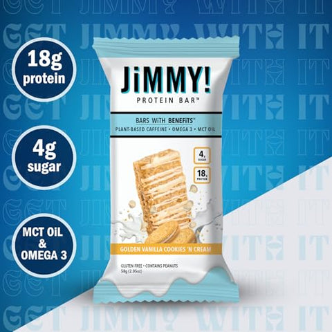 JIMMYBAR - JiMMY’S! Barras de Proteína Funcional – Baunilha Dourada Cookies and Cream – 12 Unidades | 18g Proteína Alta, Cafeína à Base de Plantas