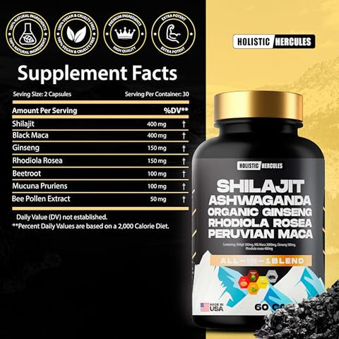 Holistic Hercules - Combo Clássico – Sea Moss 3000mg, Black Seed 2000mg, Ashwagandha 1000mg, Shilajit 5000mg, Panax Ginseng 1500mg, Maca Peruana 2000mg, Pack de Suplementos All in 1